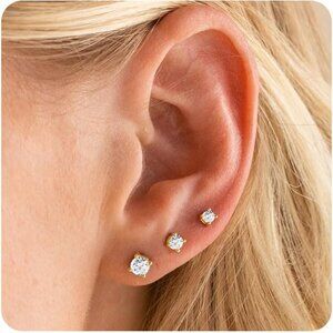 Set of 3 Gold & Silver Stud Earrings for Women, Multiple Sizes & Hypoallergenic